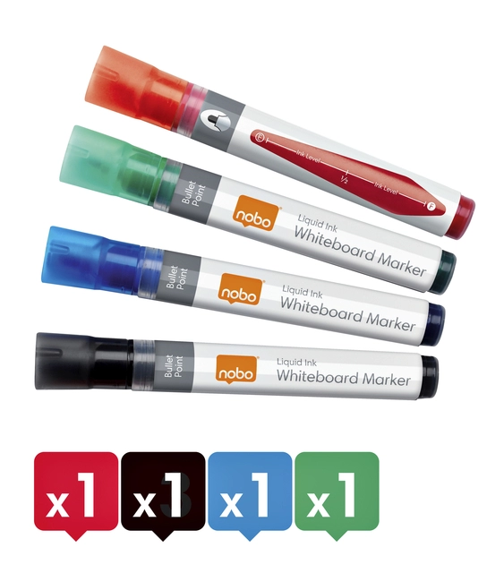 Een Viltstift Nobo whiteboard Liquid ink rond assorti 3mm 4st koop je bij VHK Kantoorartikelen