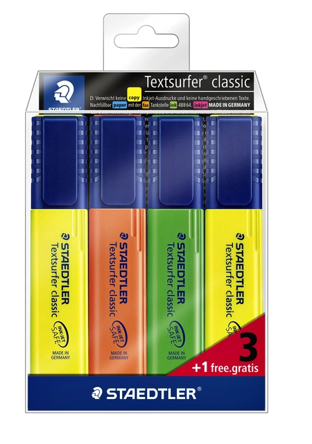 Een Markeerstift Staedtler 364 Textsurfer set à 3 stuks assorti + 1 geel gratis koop je bij VHK Kantoorartikelen