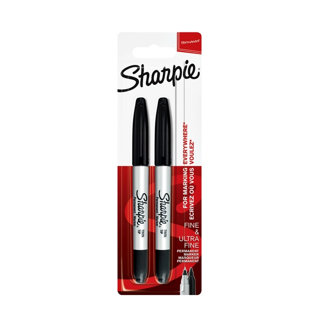 Een Viltstift Sharpie rond Twin tip ultra fijn & fijn zwart blister à 2 stuks koop je bij VHK Kantoorartikelen