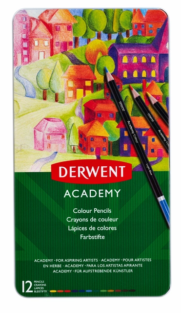 Een Kleurpotloden Derwent Academy blik à 12 stuks assorti koop je bij VHK Kantoorartikelen