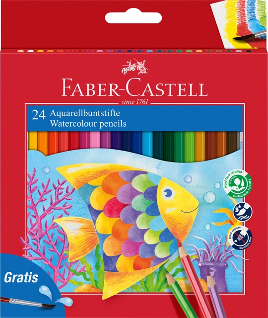 Een Kleurpotloden Faber-Castell aquarel incl penseel assorti set à 24 stuks koop je bij VHK Kantoorartikelen