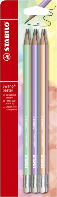 Een Potlood STABILO Swano grafiet HB met gumtop pastel assorti blister à 6 stuks koop je bij Hoekmankantoorartikelen.nl