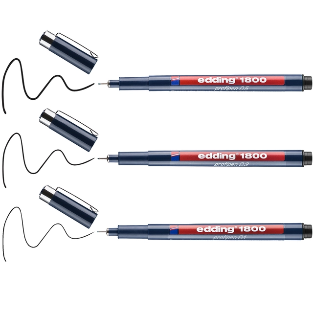 Een Fineliner edding 1800 0.25mm - 0.35mm - 0.5mm zwart set à 3 stuks koop je bij VHK Kantoorartikelen