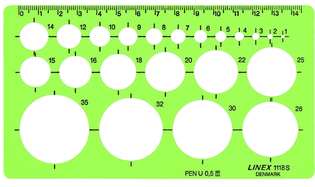 Een Cirkelsjabloon Linex 22 cirkels met inktvoetjes 1-35mm groen koop je bij VHK Kantoorartikelen