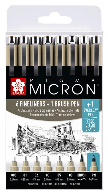 Een Fineliner & brush set Sakura Pigma Micron 7 + 1 Pigma Micron PN gratis koop je bij VHK Kantoorartikelen