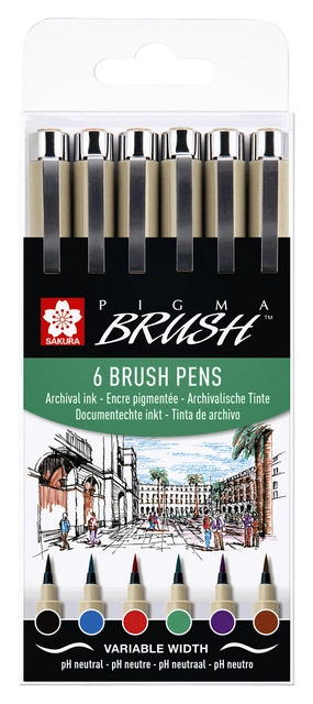 Een Brushpen Sakura Pigma set 6 kleuren koop je bij VHK Kantoorartikelen