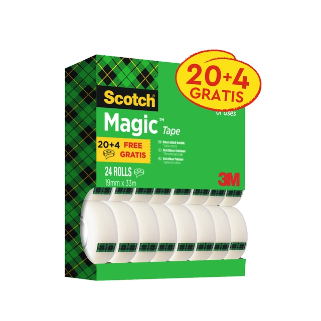 Een Plakband Scotch Magic 810 19mmx33m onzichtbaar mat 20+4 gratis koop je bij VHK Kantoorartikelen