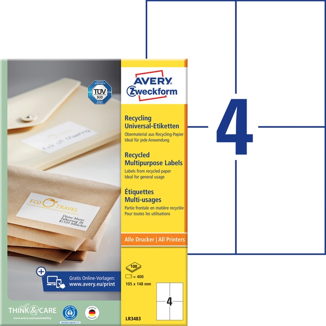 Een Etiket Avery Zweckform LR3483 105x148mm A6 recycled wit 400stuks koop je bij VHK Kantoorartikelen