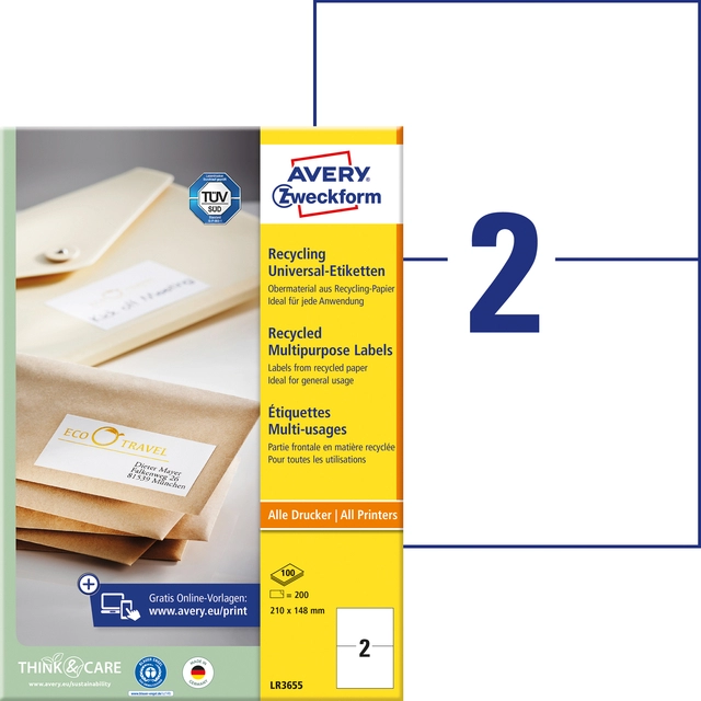 Een Etiket Avery Zweckform LR3655 210x148mm A5 recycled wit 200stuks koop je bij VHK Kantoorartikelen