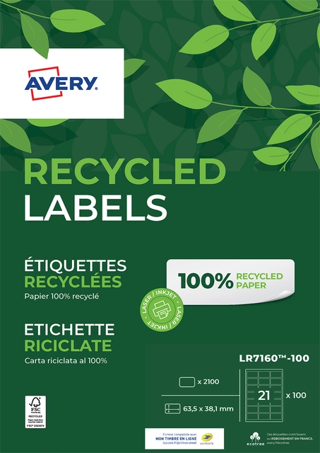 Een Etiket Avery LR7160-100 63.5x38.1mm recycled wit 2100 etiketten koop je bij VHK Kantoorartikelen