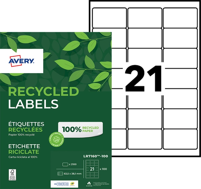 Een Etiket Avery LR7160-100 63.5x38.1mm recycled wit 2100 etiketten koop je bij VHK Kantoorartikelen