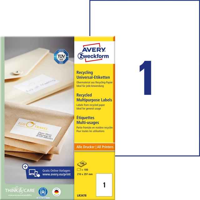 Een Etiket Avery Zweckform LR3478 210x297mm A4 recycled wit 100stuks koop je bij VHK Kantoorartikelen