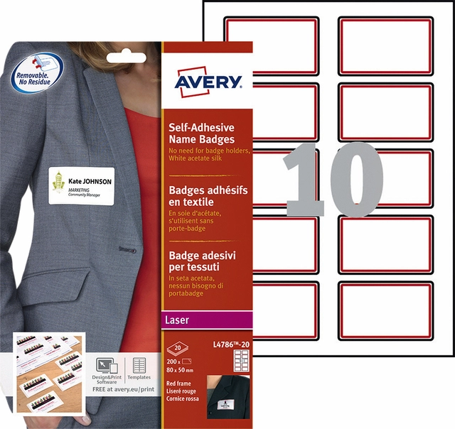 Een Naambadge etiket Avery L4786-20 80x50mm rood kader 200stuks koop je bij VHK Kantoorartikelen