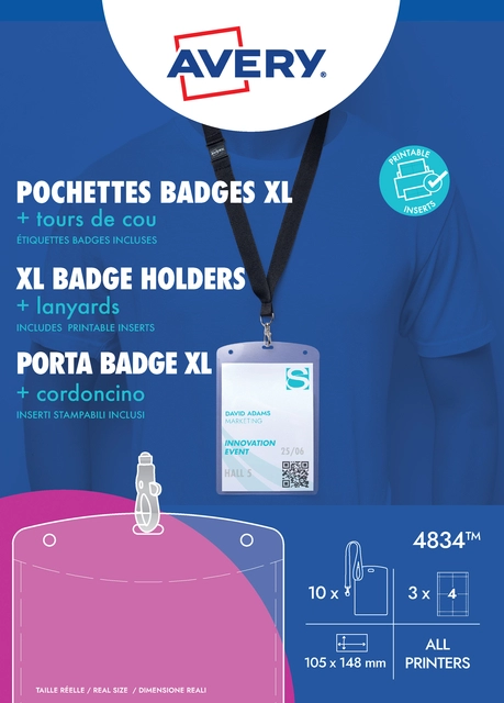 Een Badge Avery 4834 A6 hoes + insteekkaarten 10 stuks koop je bij Hoekmankantoorartikelen.nl