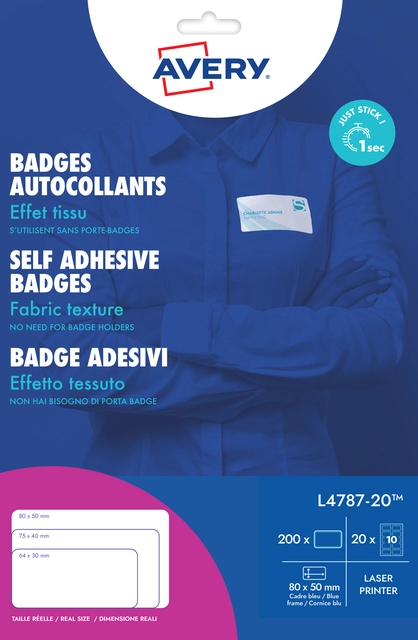 Een Naambadge etiket Avery L4787-20 80x50mm blauw kader 200stuks koop je bij VHK Kantoorartikelen