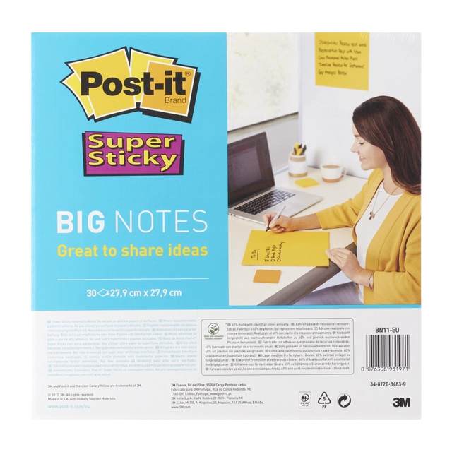 Een Memoblok Post-it Super Sticky Big Notes BN11-EU geel 279x279mm 30 vel koop je bij Hoekmankantoorartikelen.nl