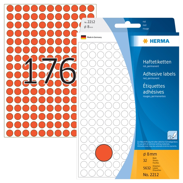 Een Etiket HERMA 2212 rond 8mm rood 5632stuks koop je bij VHK Kantoorartikelen