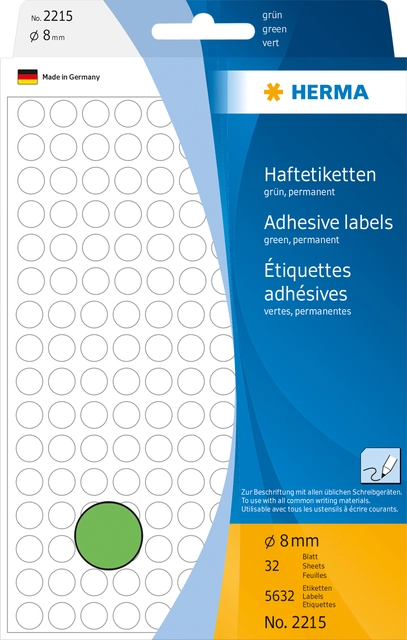 Een Etiket HERMA 2215 rond 8mm groen 5632stuks koop je bij Hoekmankantoorartikelen.nl