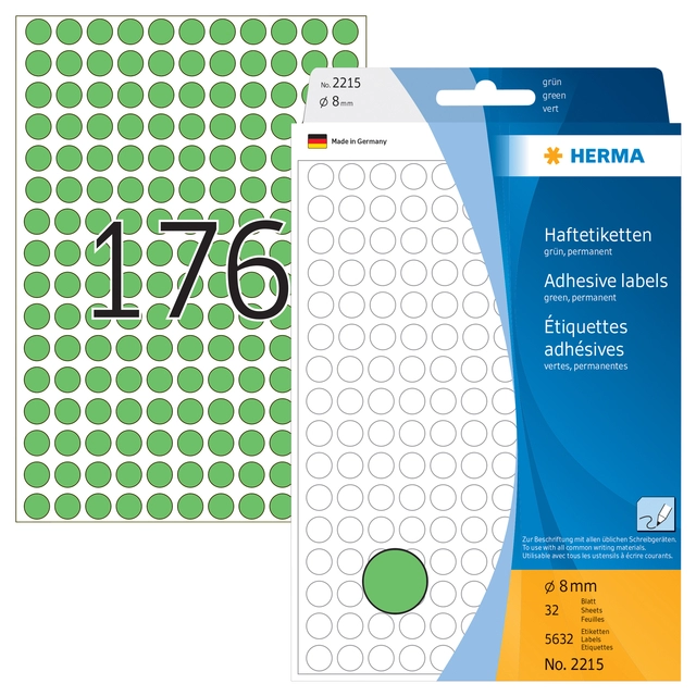 Een Etiket HERMA 2215 rond 8mm groen 5632stuks koop je bij Hoekmankantoorartikelen.nl