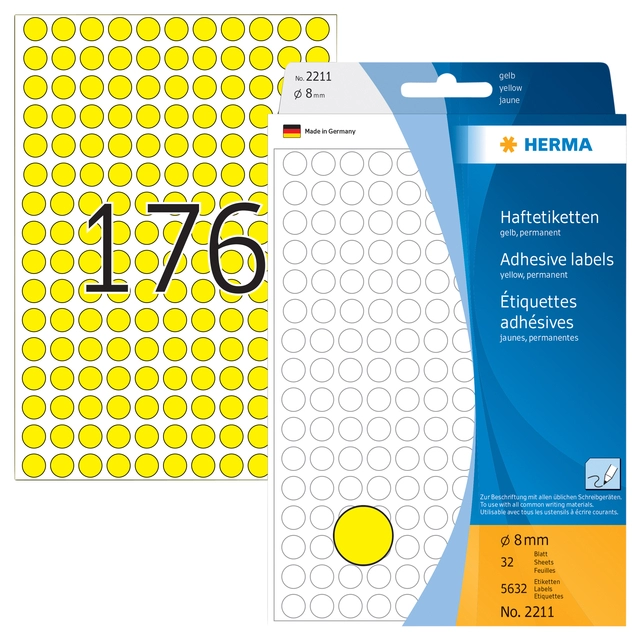 Een Etiket HERMA 2211 rond 8mm geel 5632stuks koop je bij Hoekmankantoorartikelen.nl