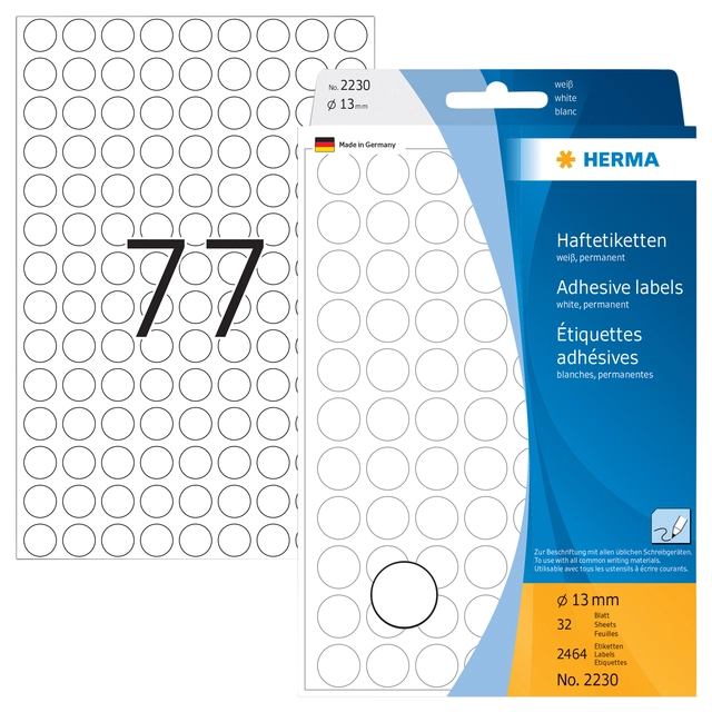 Een Etiket HERMA 2230 rond 13mm wit 2464stuks koop je bij VHK Kantoorartikelen