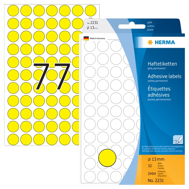 Een Etiket HERMA 2231 rond 13mm geel 2464stuks koop je bij VHK Kantoorartikelen