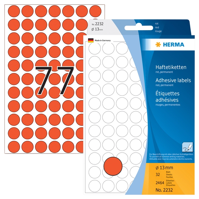 Een Etiket HERMA 2232 rond 13mm rood 2464stuks koop je bij VHK Kantoorartikelen