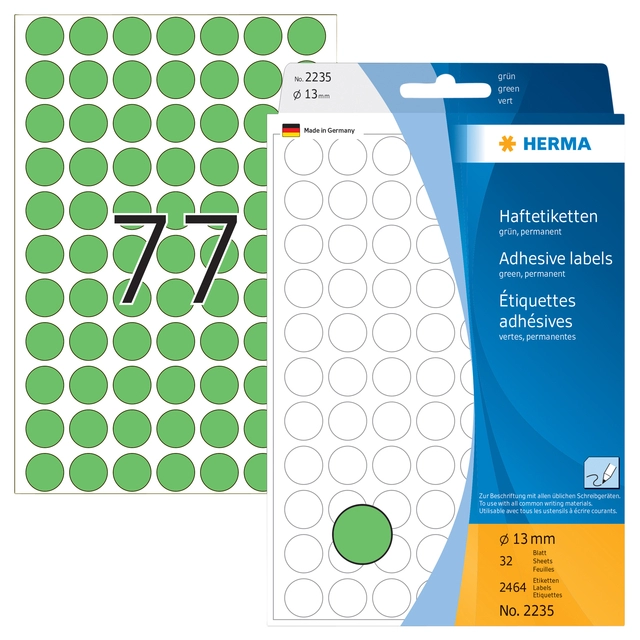 Een Etiket HERMA 2235 rond 13mm groen 2464stuks koop je bij VHK Kantoorartikelen