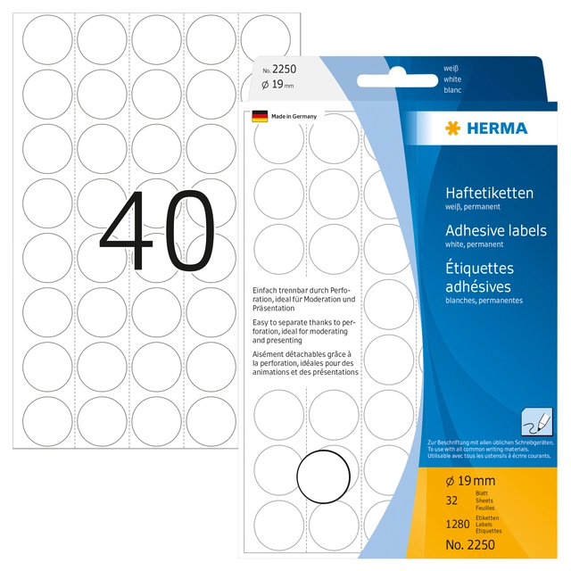 Een Etiket HERMA 2250 rond 19mm wit 1280stuks koop je bij VHK Kantoorartikelen