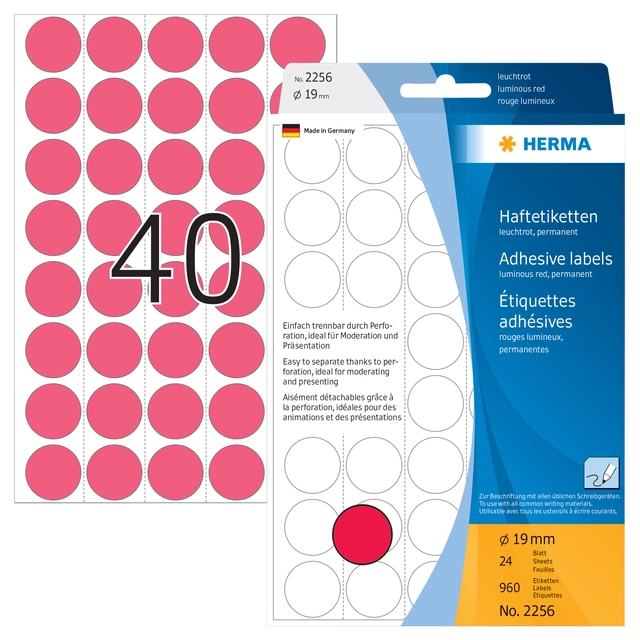 Een Etiket HERMA 2256 rond 19mm fluor rood 960stuks koop je bij Hoekmankantoorartikelen.nl