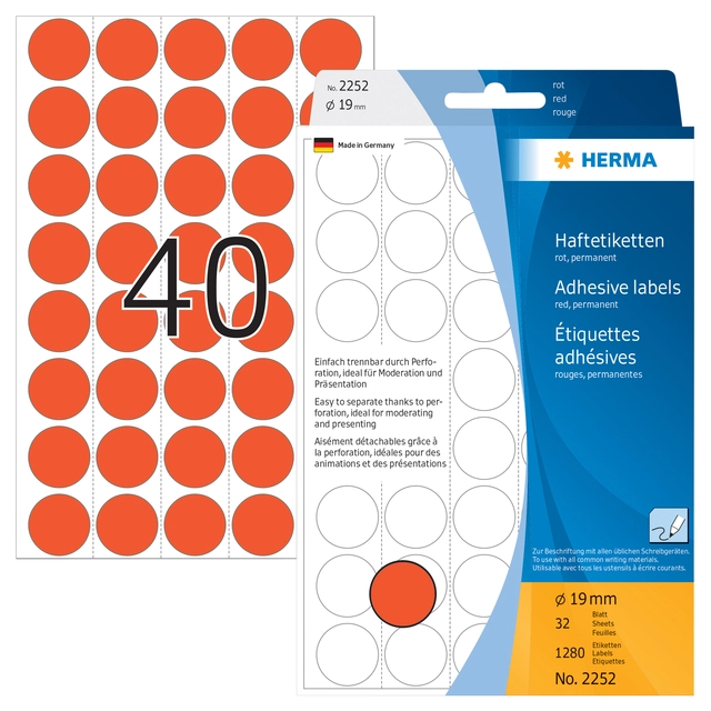 Een Etiket HERMA 2252 rond 19mm rood 1280stuks koop je bij VHK Kantoorartikelen