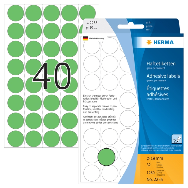 Een Etiket HERMA 2255 rond 19mm groen 1280stuks koop je bij VHK Kantoorartikelen