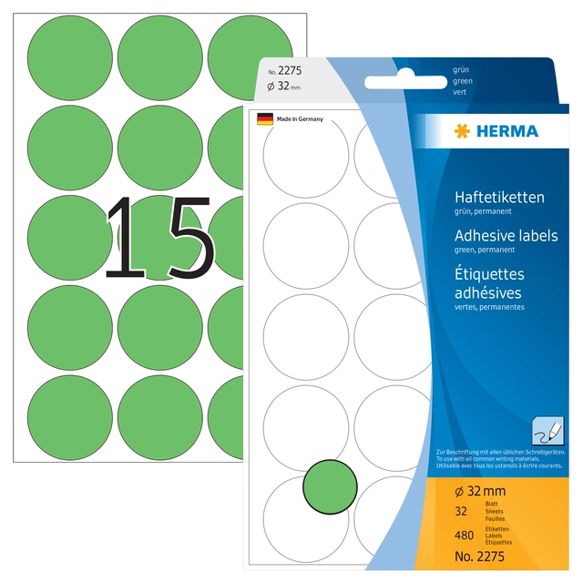 Een Etiket HERMA 2275 rond 32mm groen 480stuks koop je bij VHK Kantoorartikelen