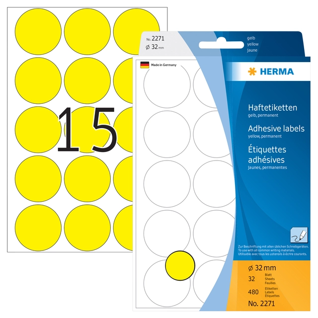 Een Etiket HERMA 2271 rond 32mm geel 480stuks koop je bij VHK Kantoorartikelen