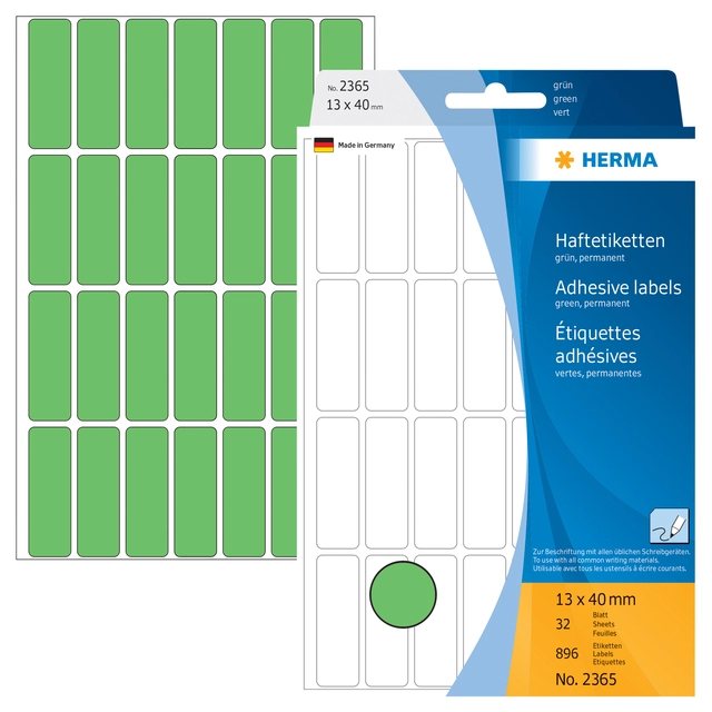 Een Etiket HERMA 2365 13x40mm groen 896stuks koop je bij Hoekmankantoorartikelen.nl