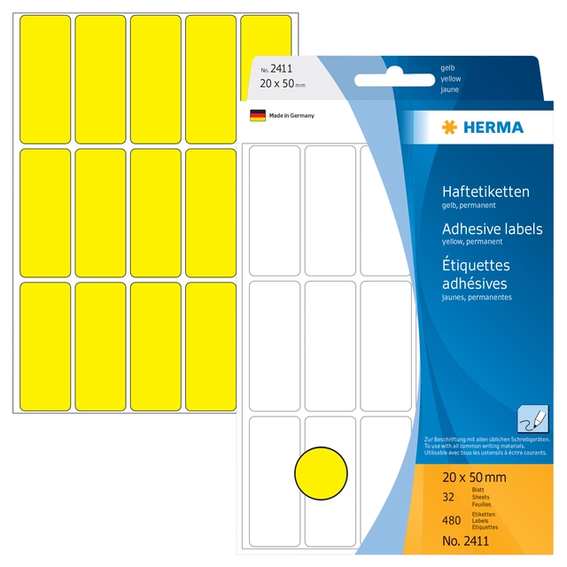 Een Etiket HERMA 2411 20x50mm geel 480 stuks koop je bij Hoekmankantoorartikelen.nl