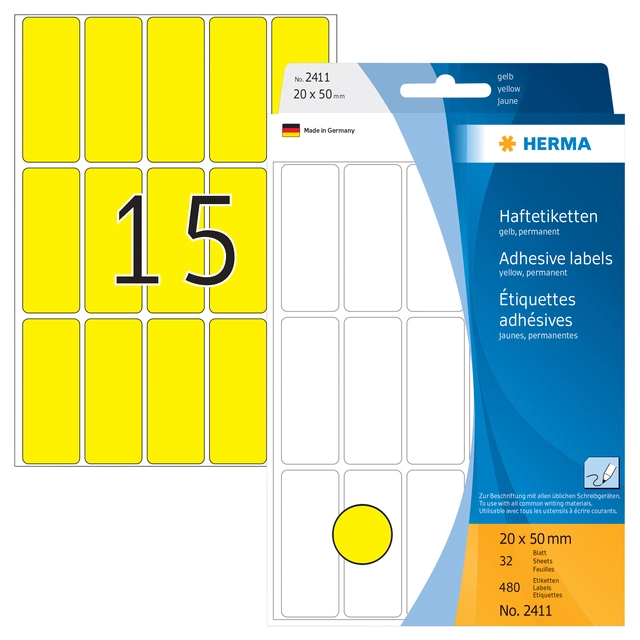 Een Etiket HERMA 2411 20x50mm geel 480 stuks koop je bij Hoekmankantoorartikelen.nl