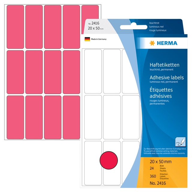 Een Etiket HERMA 2416 20x50mm fluor rood 360stuks koop je bij VHK Kantoorartikelen