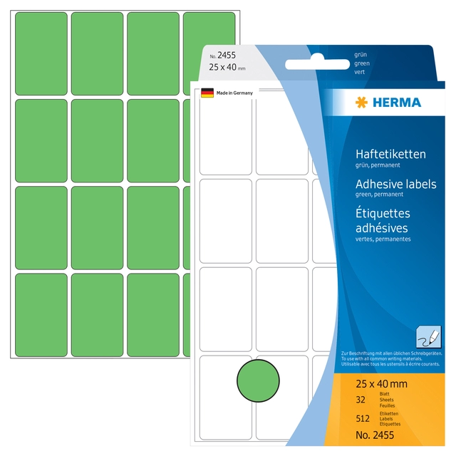 Een Etiket HERMA 2455 25x40mm groen 512stuks koop je bij Hoekmankantoorartikelen.nl