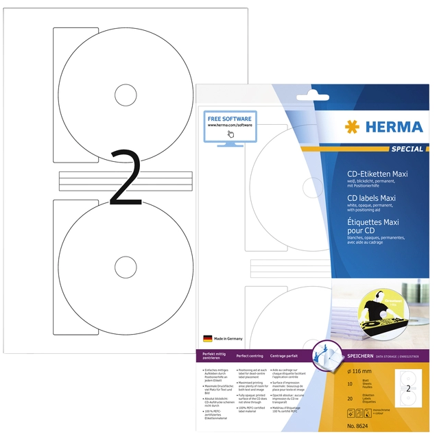 Een Etiket HERMA 8624 CD 116mm wit opaqua 20stuks koop je bij VHK Kantoorartikelen