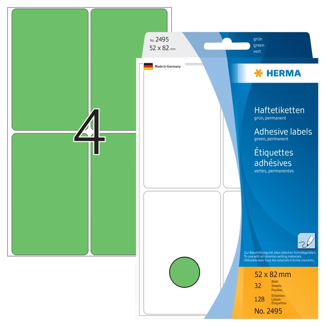 Een Etiket HERMA 2495 52x82mm groen 128stuks koop je bij Hoekmankantoorartikelen.nl