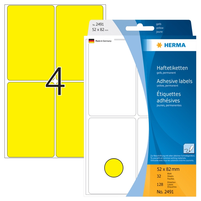 Een Etiket HERMA 2491 52x82mm geel 128 stuks koop je bij Hoekmankantoorartikelen.nl