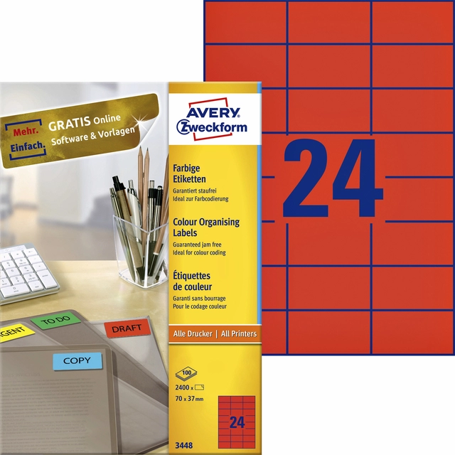 Een Etiket Avery Zweckform 3448 70x37mm rood 2400stuks koop je bij VHK Kantoorartikelen