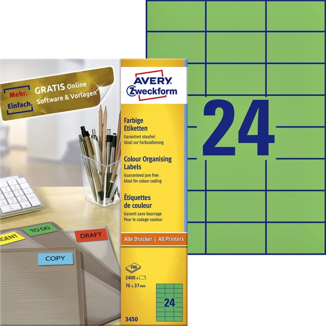 Een Etiket Avery Zweckform 3450 70x37mm groen 2400stuks koop je bij VHK Kantoorartikelen