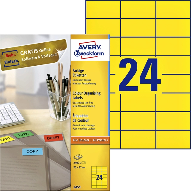 Een Etiket Avery Zweckform 3451 70x37mm geel 2400stuks koop je bij VHK Kantoorartikelen