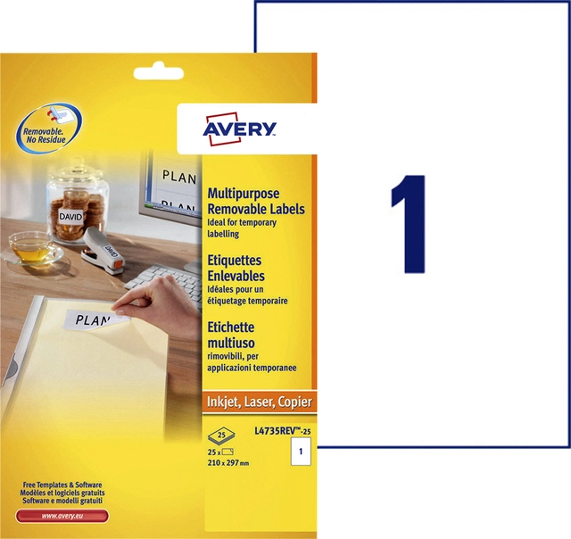 Een Etiket Avery L4735REV-25 210x297mm A4 afneembaar wit 25stuks koop je bij VHK Kantoorartikelen