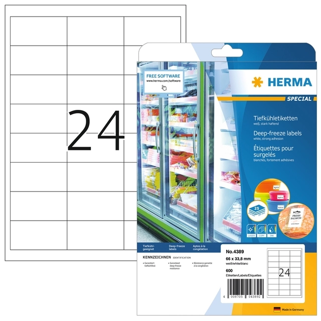 Een Etiket HERMA 4389 66x33.8mm diepvries wit 600stuks koop je bij Clippz! Office Supplies