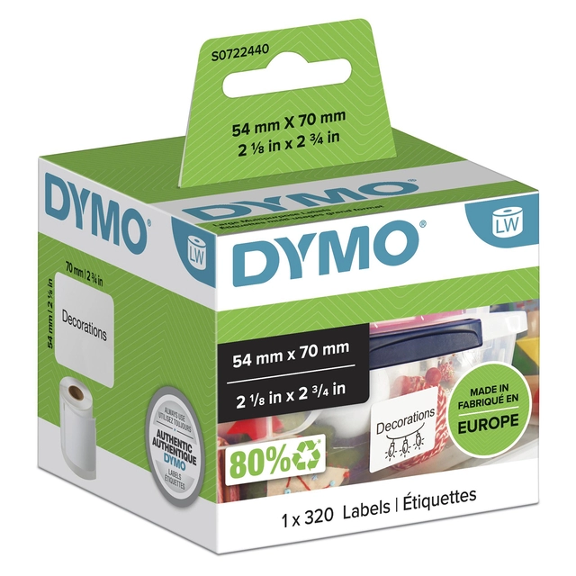 Een Etiket Dymo LabelWriter multifunctioneel 54x70mm 1 rol á 320 stuks wit koop je bij VHK Kantoorartikelen