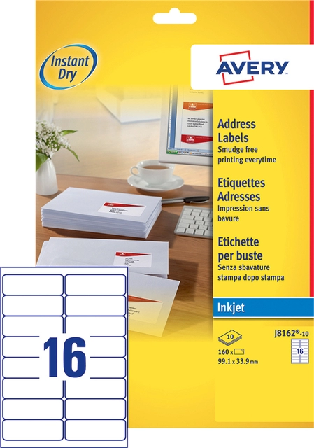 Een Etiket Avery J8162-100 99.1x33.9mm wit 1600stuks koop je bij VHK Kantoorartikelen