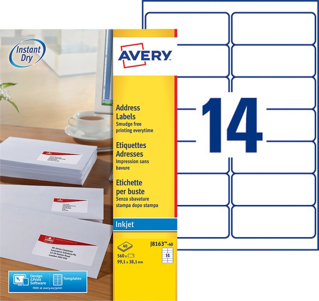 Een Etiket Avery J8163-40 99.1x38.1mm wit 560stuks koop je bij VHK Kantoorartikelen